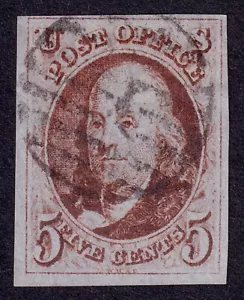 US Scott 1, 1847 Franklin, 5c rotbraun, sehr schön gebraucht *zertifiziert* - Bild 1 von 3