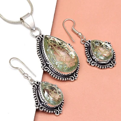 Conjunto de pendientes de oro rutilo joyería 18-20"" colgante cuarzo esterlina Foto 1 de 4