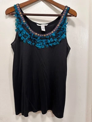 Camiseta sin mangas DVF Diane Von Furstenberg de seda para mujer Marketta plumas tachonadas negra M Foto 1 de 4