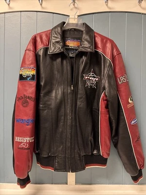 Vtg Cripple Creek PBR Leather Bomber Jacket Red Black w/ Patches Men’s Size M - Image 1 of 4