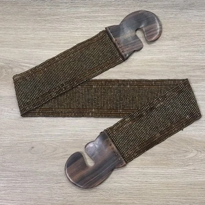 Bali Boho Indie goldbraun Perlen Holz Cinch 2 Zoll breit elastischer Gürtel NEU - Bild 1 von 5