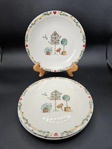 Set Of 3 Thomson Pottery Birdhouse Hearts & Vine Border Salad Plates 7 3/4" Wide - Picture 1 of 8