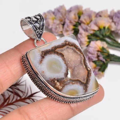 19.8 Gms. Brown Botswana Achat Druzy Edelstein Handmade 925 Silber Pendel 5.3cm - Bild 1 von 4