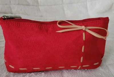 Lancome Paris Red Faux Suede Makeup Bag  Travel Pouch Bow with Zipper - Image 1 of 4