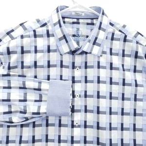 Bugatchi Uomo Shirt Mens Large Blue Navy Check Plaid Flip Cuffs Long Sleeve - Picture 1 of 11