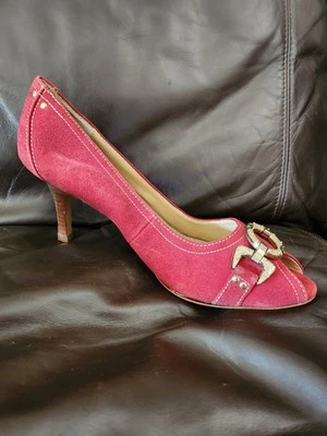 Oscar De La Renta Tacones Zapatos de salón Punta abierta Rojo Gamuza Cuero Sin cordones Talla 10 Foto 1 de 4