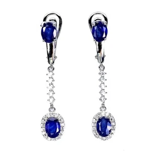 925 Sterling Silver Earrings Oval Blue Sapphire 7x5mm Natural Gemstone Jewelry - Picture 1 of 14