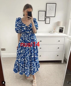 ZARA NEU MIDI BEDRUCKTES POPELINE KLEID PUFFÄRMEL BLAU WEISS XS-XXL 3067/341 SALE - Bild 1 von 6