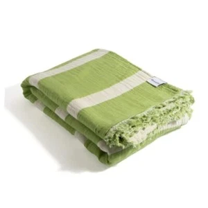 Large Turkish Muslin Throw Blanket - Reversible Stripe -100% Olive Stripe - Picture 1 of 6