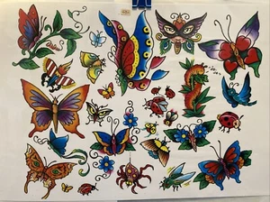 ORIGINAL Vintage Shop Used Tattoo Flash Sheet USA Traditional Butterflies USA - Picture 1 of 5