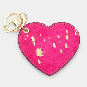 NEW Pink Dyed Cowhide Leather Gold Splash Splatter Heart Key Ring Keychain - Picture 1 of 1