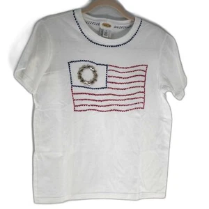Talbots Women's Small White Embroidered Flag Tee Shirt 100% Cotton - Picture 1 of 11