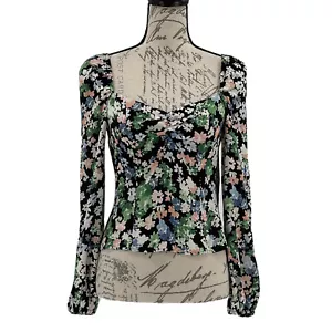 H&M Blouse NWOT Black Floral Long Sleeve Sweetheart Top Size Small - Picture 1 of 6