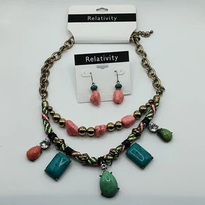 Ethnic Boho Faux Turquoise and Coral Necklace & Earrings Set Hippy Statement - Picture 1 of 17