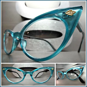 Classy Elegant 60's Retro Cat Eye Fashion Clear Lens EYE GLASSES Turquoise Frame - Picture 1 of 9