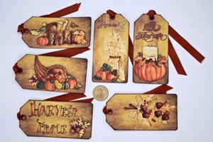 6~Primitive~Fall~Autumn~Harvest Time~Linen Cardstock~Gift~Hang~Tags - Picture 1 of 1