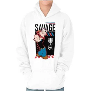 Popeye the Sailor Man Kanji Savage Cartoon Youth Hooded Sweatshirt Boy or Girl - Picture 1 of 7