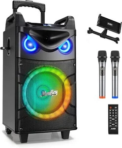 Moukey Portable Party Speaker Bluetooth Singing Machine With 2Pcs Wireless Mics - Picture 1 of 8