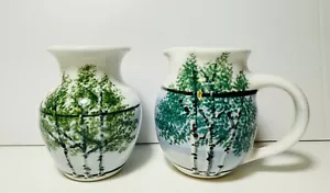 Brocche e vaso creme pecore fiume ceramica Maine SRP betulla scena lago - Foto 1 di 7