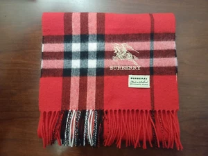 Authentic Burberry Plaid Cashmere Silk Scarf w/ Embroidered Logo, Red (Scotland) - Picture 1 of 3
