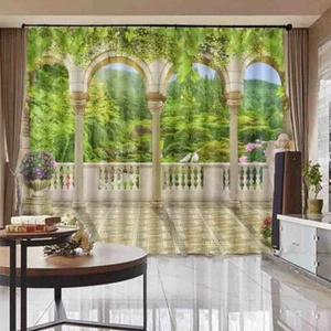 Green Forest Palace World 3D Blockout Photo Print Curtain Fabric Curtains Window - Imagen 1 de 10