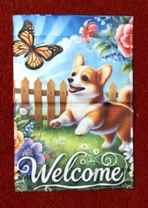 PLAYFUL CORGI DOG FLAG~ 12" X 17.5" ~2-SIDED~WELCOME~POLYESTER - Picture 1 of 1