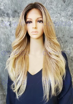 Peluca larga recta segura para el calor frente mezcla cabello humano rubio claro ombre EVFL Foto 1 de 4