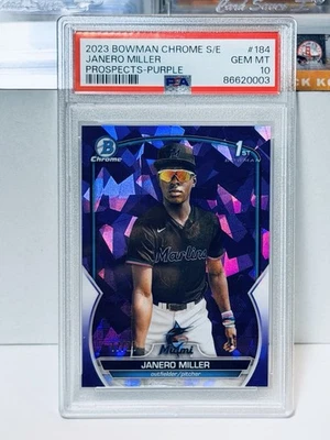 2023 Bowman Chrome Sapphire Janero Miller Prospects Purple /25 PSA 10 #184 Pop 3 - Image 1 of 2