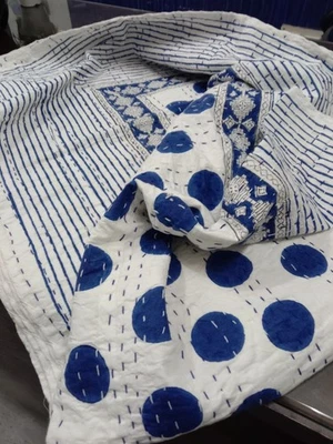 Indian Polka Print Kantha Quilt Vintage Bedspread Throw Blanket Cotton Gudari - Image 1 of 4