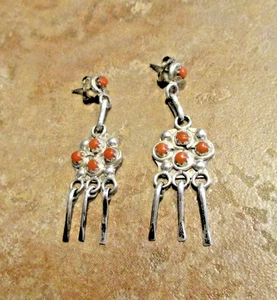 1 5/8" FINE Vintage Zuni Sterling Silver Petit Point CORAL Dangle Earrings - Picture 1 of 8