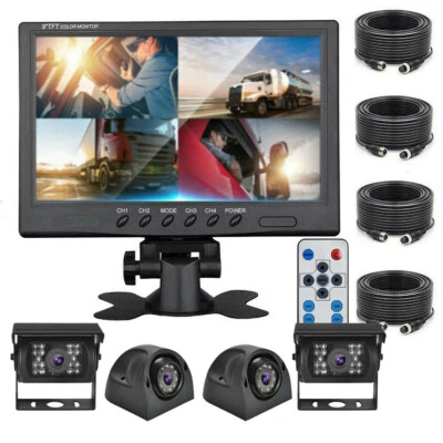 9" Quad Split Monitor 4 Side Rear View Backup Heavy Duty Camera For Bus Truck RV - Image 1 of 4