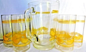 Vintage Caisa Lemonade Glass Set - (6) Glasses + (1) Pitcher Retro Yellow Citrus - Picture 1 of 3