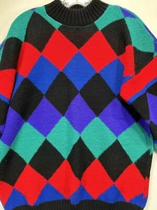 Adele Knitwear Sweater Color Block Diamond 80s 90s Sz S Vtg Funky Argyle - Picture 1 of 16