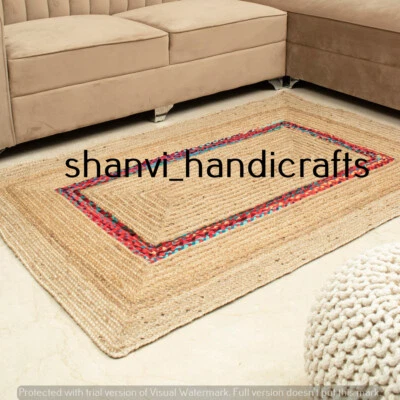 Natural Braided Multi Color Indian Handmade Jute & Cotton Area Rugs Carpet Mats - Image 1 of 4