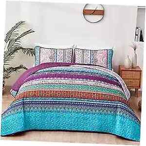 Quilt Set King Size, Stripe Boho 3 Pieces Bedspread King(104"x90") Purple