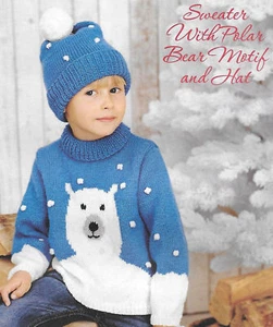 SNOWY POLAR BEAR JUMPER/SWEATER & HAT KNITTING PATTERN AGES 2-3, 4-5, 6-7 YEARS - Picture 1 of 2