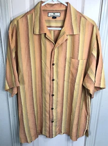 Tommy Bahama Mens Lg Yellow Striped 100% Silk Short Sleeve Button Up Shirt - Picture 1 of 3