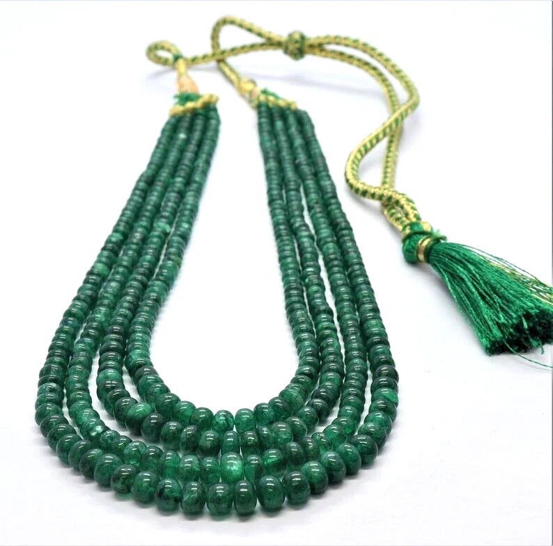 A++ Grüner Beryll Smaragd Glatt Rondell Edelstein Perlen 4 Strang Halskette Frau - Bild 1 von 4