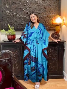 Maxi Kaftan For Women Azure Blue Floral Boho Hippie Gypsy Coverup Dress L-2X - Picture 1 of 5