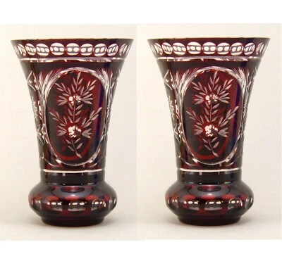 Vase Cut Glass Burgundy RED Flare Top Wedding Decoration set/2  3.75"D 5.75"High - Image 1 of 3