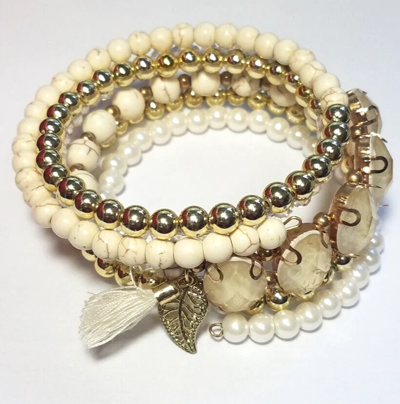 Vtg 5 Memory Wire Coil Gold Tone Bead Tassel Bracelet Layered Design Boho Chic Foto 1 de 4