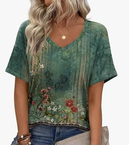 Womens Summer Floral V Neck T Shirt Ladies Casual Short Sleeve Beach Tops Blouse - Picture 1 of 1