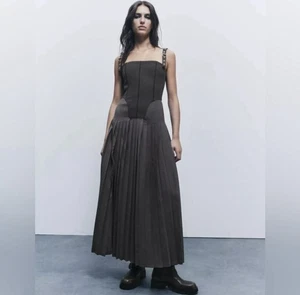 Zara pleated bustier midi dress corset top Sz. M gray wool blend NWOT - Picture 1 of 11