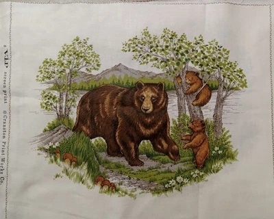 Vintage~"Native American Wildlife"~"Bear & Cubs"~Cotton Fabric Panel~ 14"x12" - Image 1 of 4