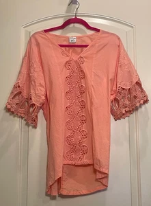 Mind Set by XCVI Womens Orange Tunic w/Decorative lace trims, embroidery SZ M - Picture 1 of 9