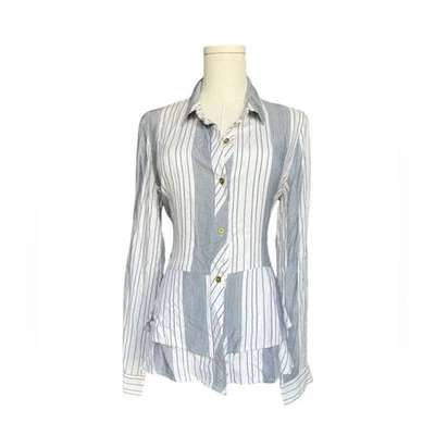 Túnica Donna Karan New York Neiman Marcus peplum abotonada blanca/gris a rayas M Foto 1 de 4