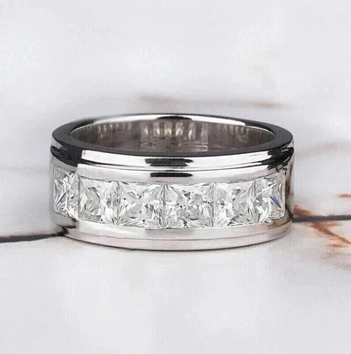 Alianza de boda de diamantes creados en laboratorio por princesa de 2 quilates para hombre enchapada en oro blanco de 14 k Foto 1 de 4