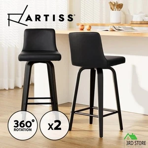 Artiss 2x Bar Stools Swivel Kitchen Bar Stool Wooden Leather Chairs Black - Picture 1 of 12