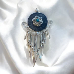 Collar Boho Peruano Plata Filigrana Flecos Colgante Turquesa Concha Cuerno - Imagen 1 de 3