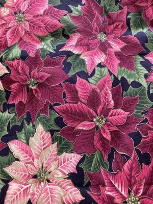 Pink Maroon Poinsettias Leaves on Black VTG Cranston Fabric J Messmore 2.9Y - Image 1 of 3